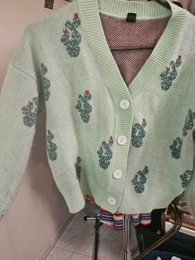 Mint Green Cactus Knit Cardigan Sweater Retro